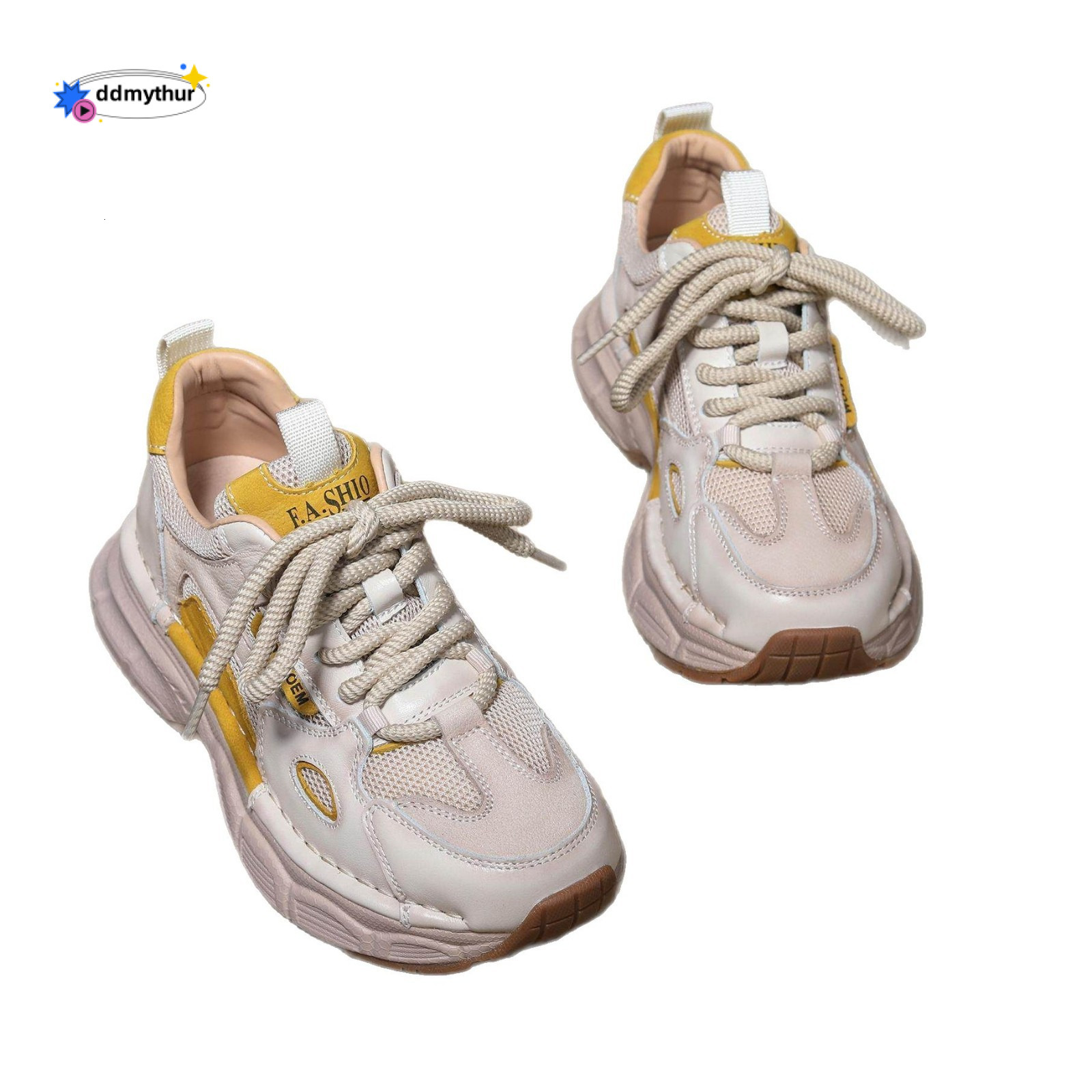 Real leather mesh dad for women in the spring of 2025, new thick soled color blocked height increasing sports style casual Forrest Gump shoes ddmythur