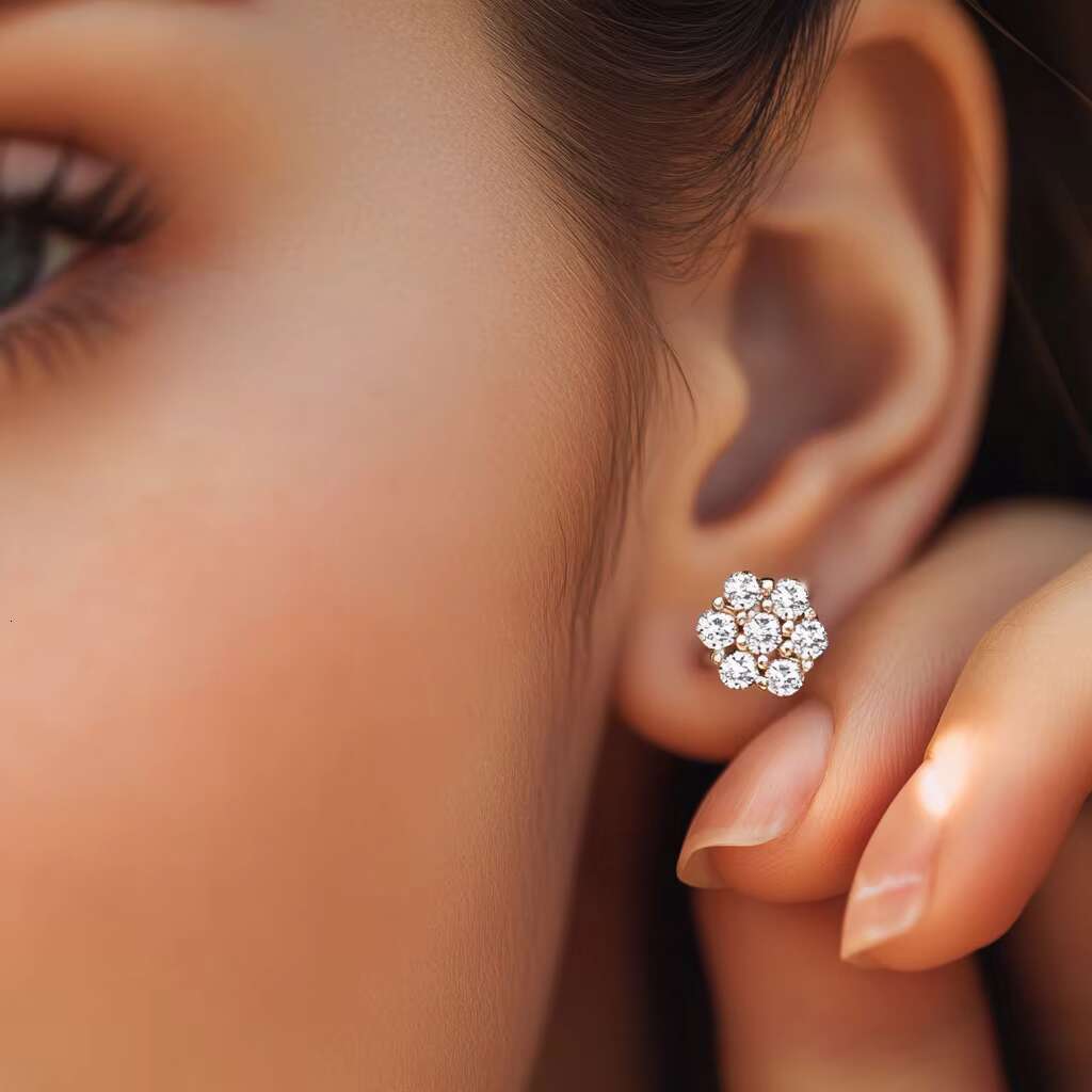Brilliant Iced Moissanite 14K Yellow Gold Plated 925 Sterling Silver Round Mens Women Elegant Flower Cluster Hip Hop Earrings