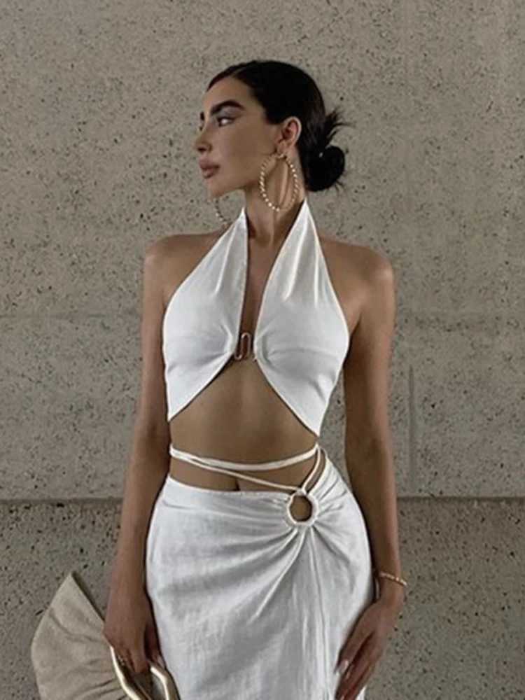Cryptographic Halter Sexy Backless Wrap Crop Top Women Summer Sleeveless Elegant Skinny Tops Cropped Night Club Party Clothes M250513