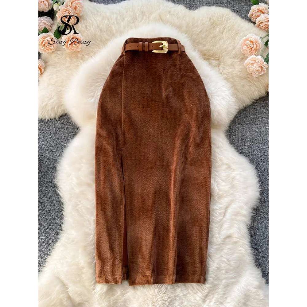 SINGREINY Women Korean Split Sexy Long Winter Corduroy Slim Thick Streetwear Fashion Vintage Autumn Bodycon Skirt