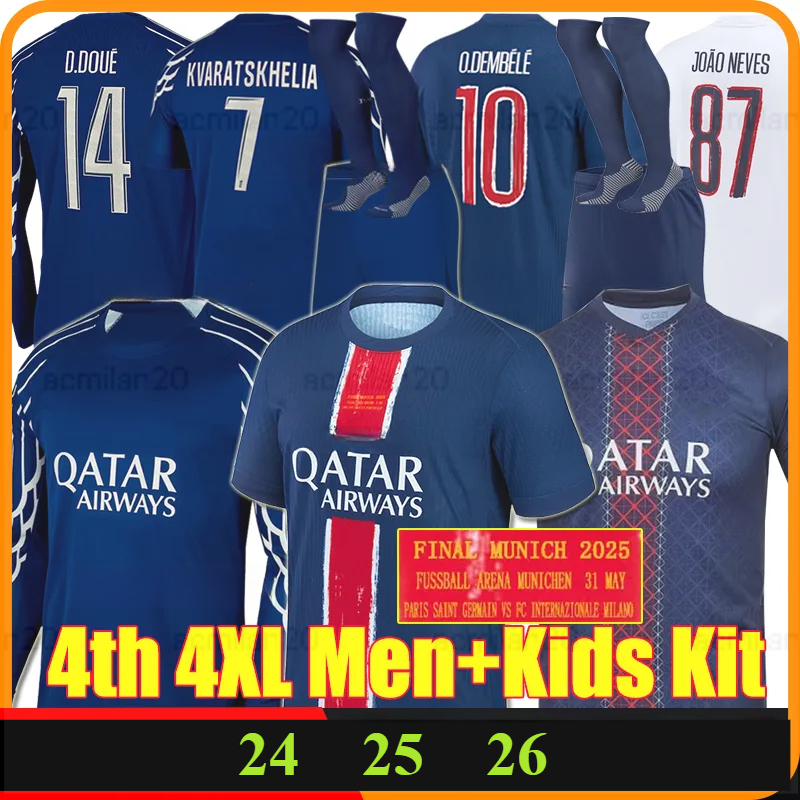 4XL 24/2025/26 O.DEMBELE 4th soccer jerseys KVARATSKHELIA BARCOLA JOAO NEVES D.DOUE VITINHA KIMPEMBE MARQUINHOS Maillots de football shirt Men Kids Kits socks sets