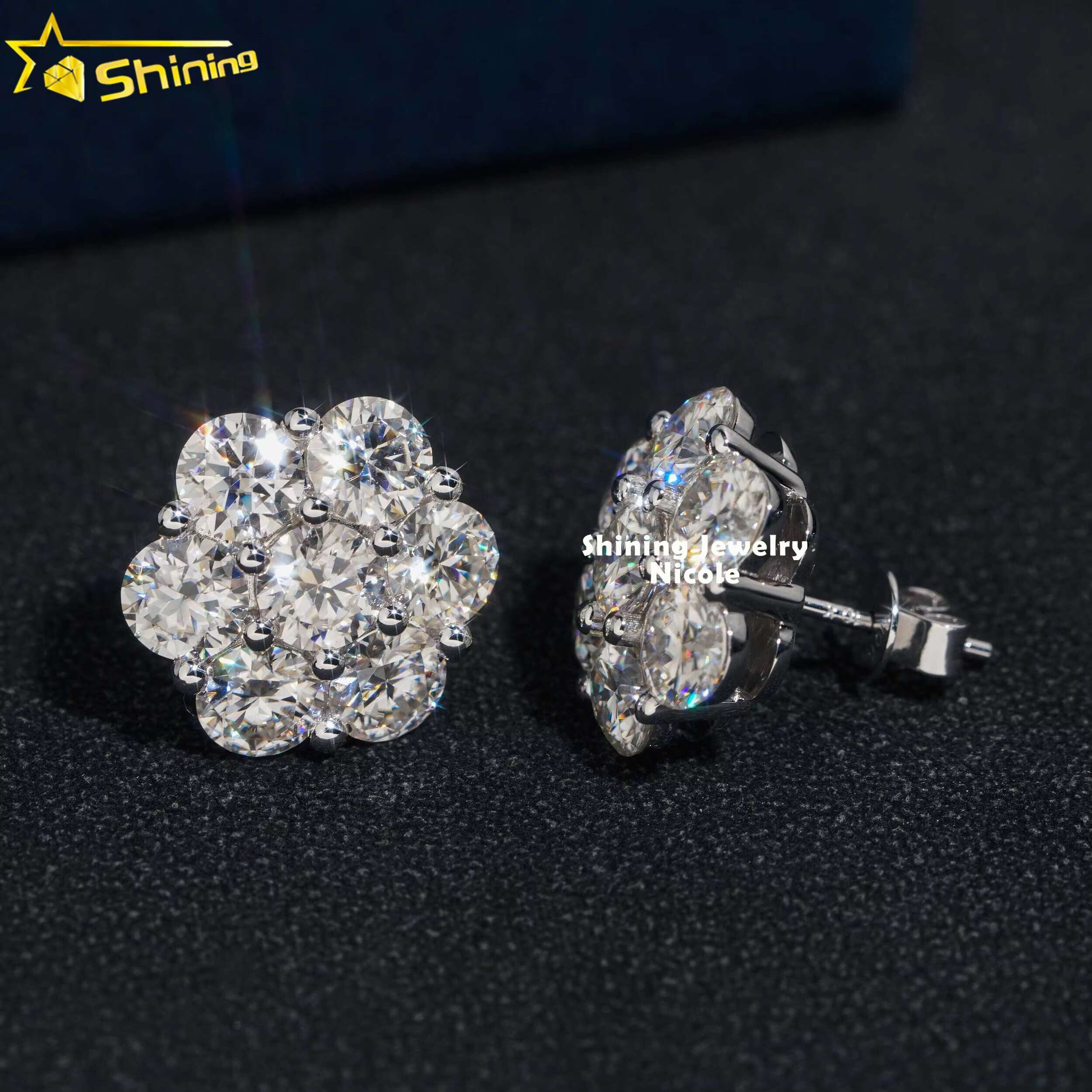 Hip Hop Fashion Iced Out 15MM Width Real 10k Solid Gold VVS Moissanite Flower Earrings for Men