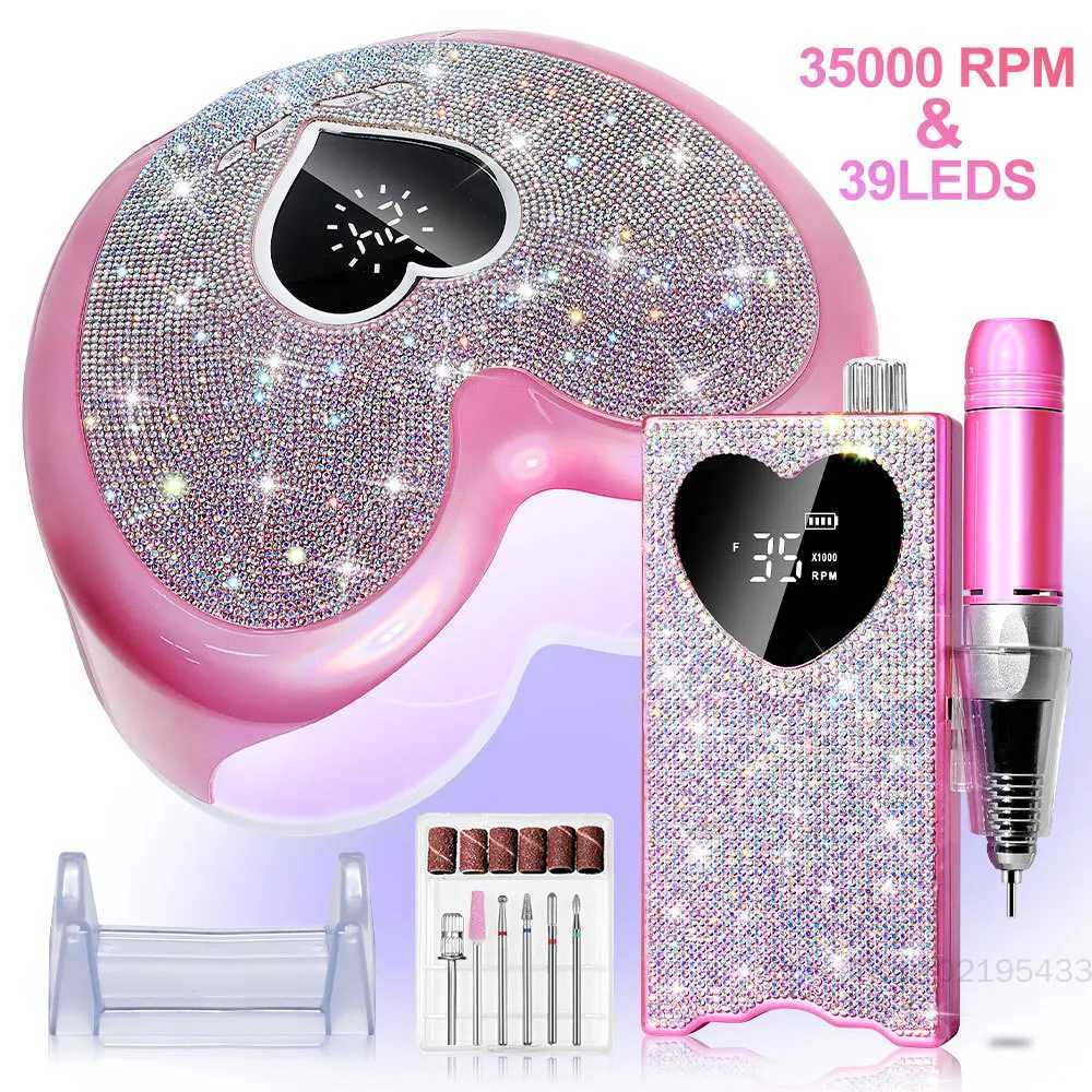 96W Rechargeable Nail LED UV Lamp And 35000RPM Nail Drill Machine with Diamonds Heart-Shaped Design for Manicure Polishing Dryer W250513