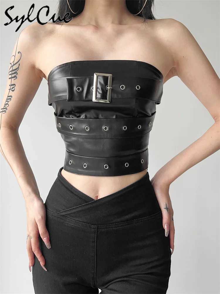 Sylcue Classic Retro Matte Black Mysterious Sexy All-Match Personality Fashionable Summer Travel Cool Women Belt Chest Wrap Vest M250513