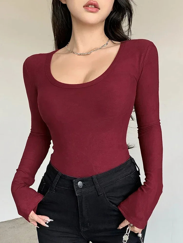 Tee Shirts For Women Spring Summer Womens Scoop Neck Long Sleeve TShirt Slim Fit Casual Basic Trendy 250513