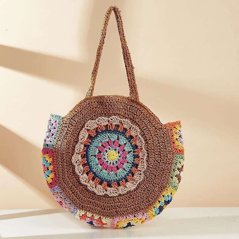Designer Bag 2025 Ethnic Style Round Straw Weaving Fashion Shoulder Summer Handmade Woven Beach Underarm Bags Women's Large Capacity Tote Bag Lux