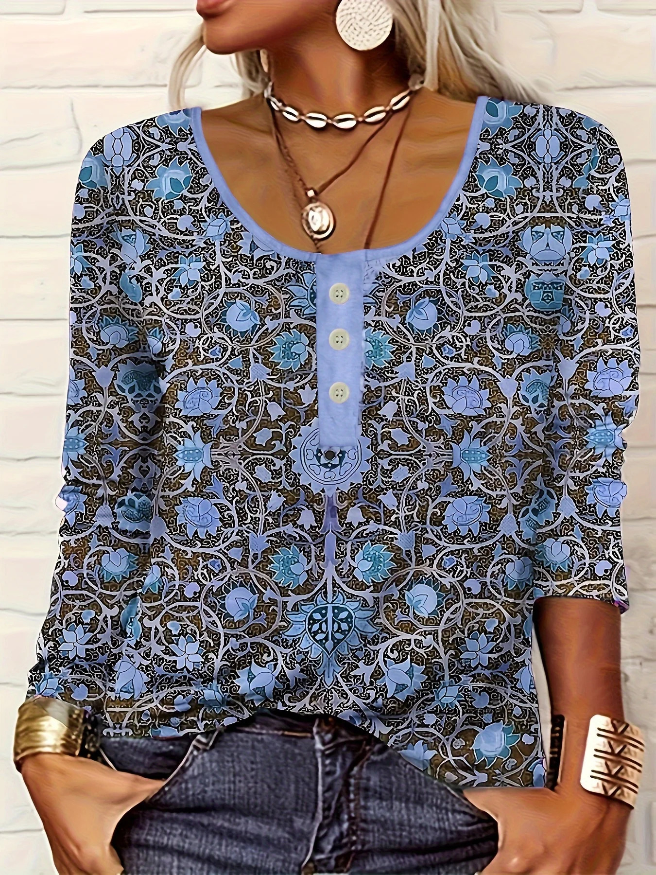 Elegant Ethnic Print ButtonDetail Long Sleeve Womens TShirt | Standard Sizing Boho Chic Fashion Top 250513