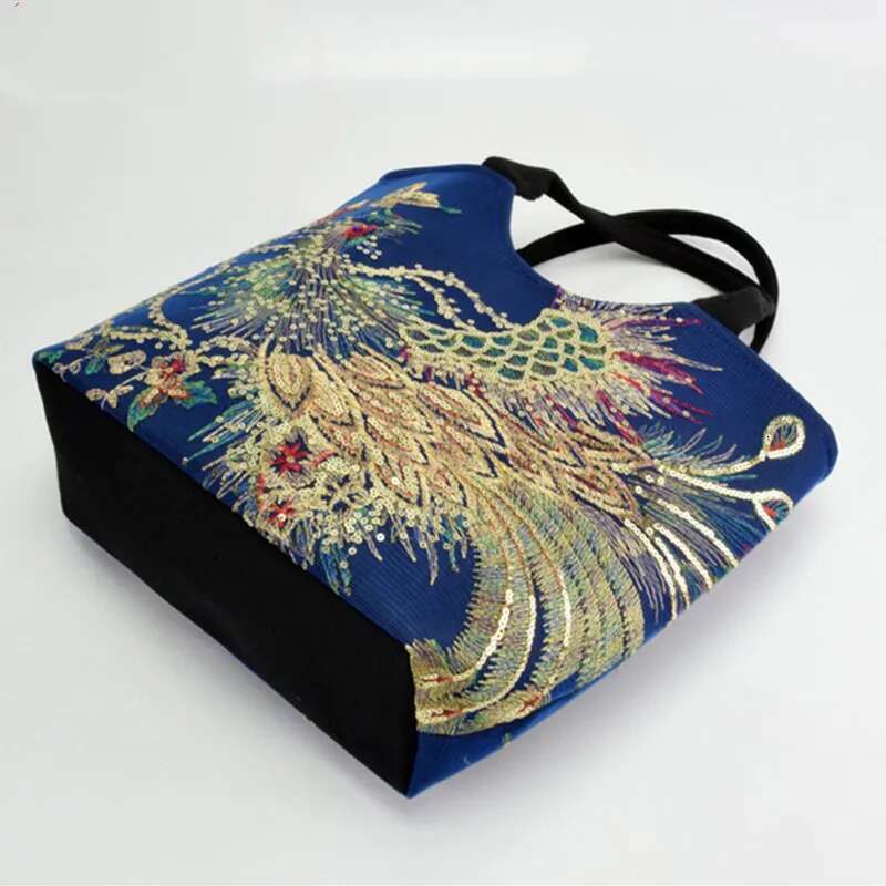 Ethnic Style Sequins Tote Bag, Pea Embroidery Handbags, Vintage Canvas Crossbody Bag