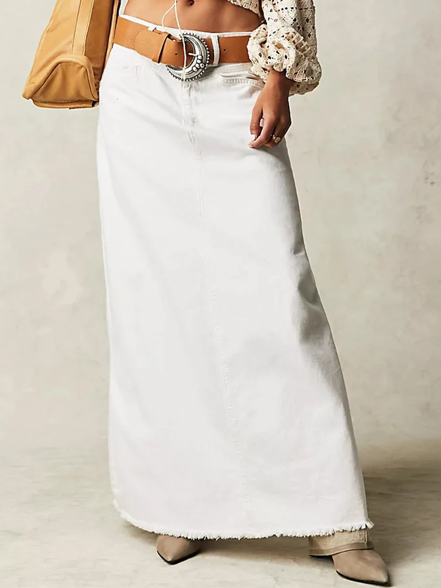 Women Y2K Vintage Denim Maxi Skirt High Waist ALine Frayed Hem Loose Long Jean OOTD Streetwear 250513