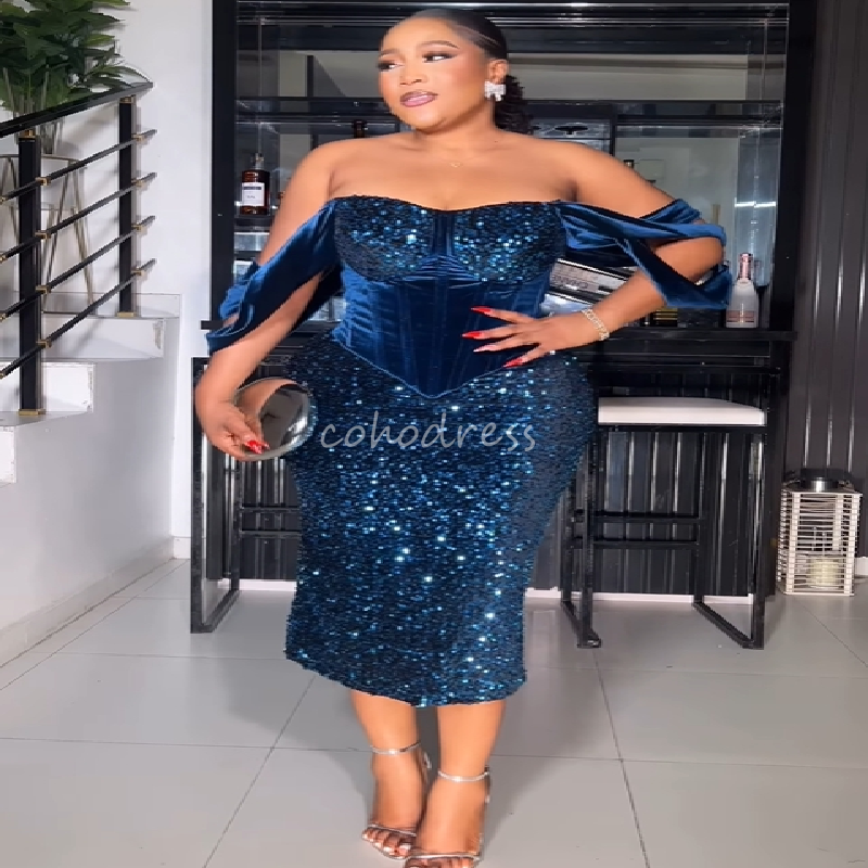 Sparkly Black Girls Prom Dress With Sequin Plus Size Aso Ebi African-inspired Evening Dress Tea Length Formal Birthday Graduation Homecoming Dress 202