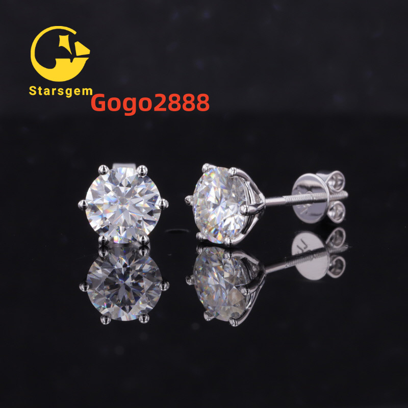 Starsgem Classic Style Six Prongs 10k 14k White Solid Gold Screw Back 1ct Moissanite Stud Earrings