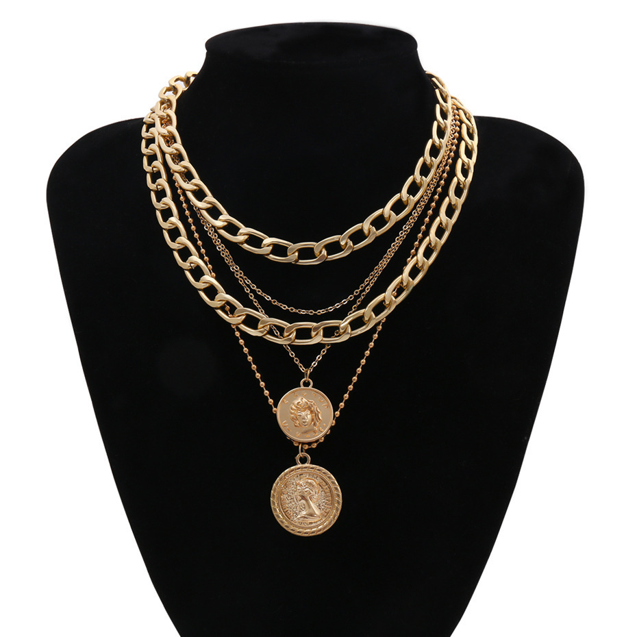 Metallic Coin Portrait Layered Necklace, Bold Chunky Choker, Trendy European & American Style for Women
