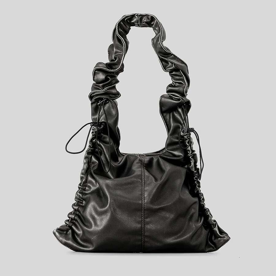 Vintage Ruched Drawsting Women Shoulder Bags Casual Lady Handbags Pu Leather Underarm Bag Y2k Tote Purses 2024