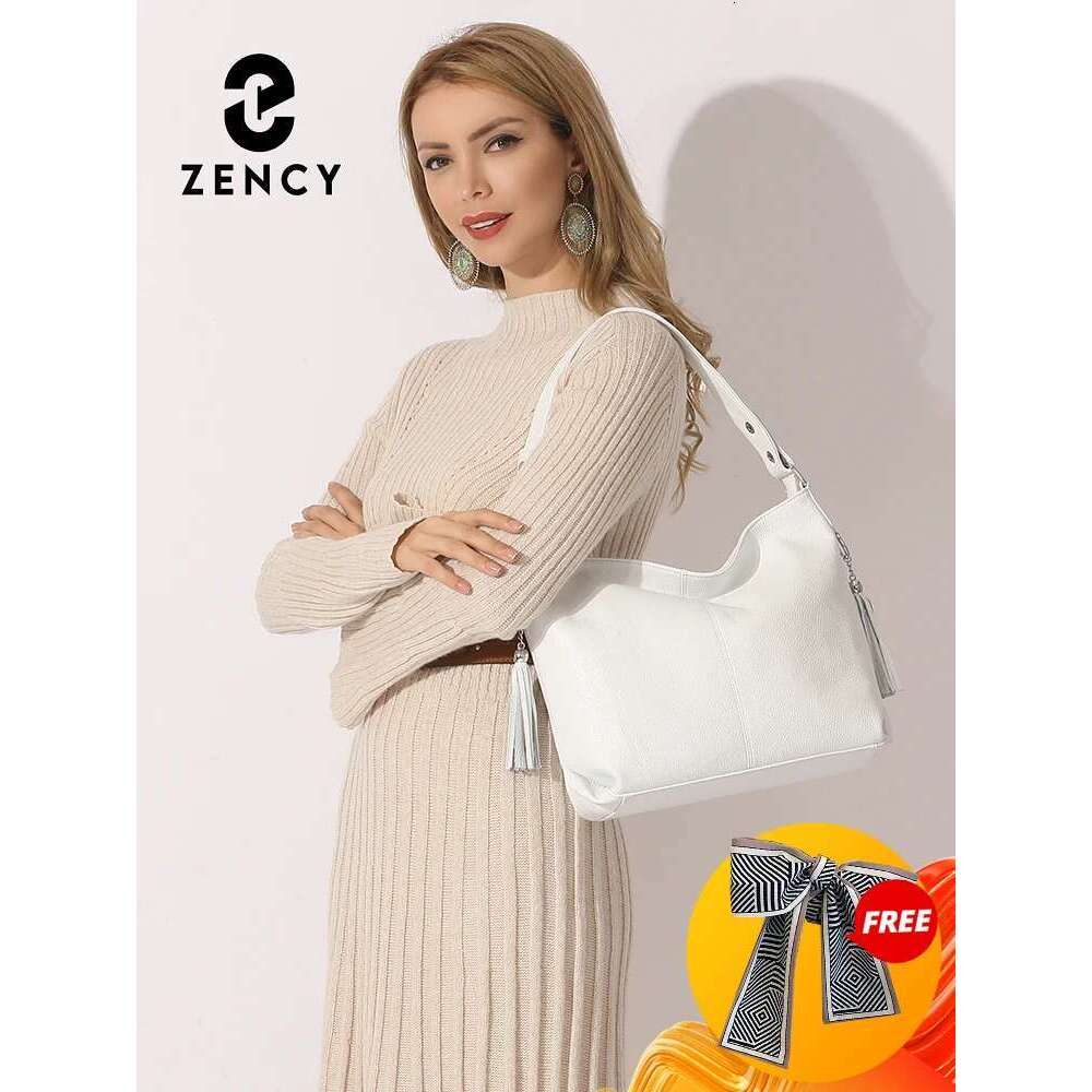 Zency Handbags Genuine For Women Fashion Tassel Hobo Crossbody Plain Color Real Cowhide Leather Large Shopper Bag
