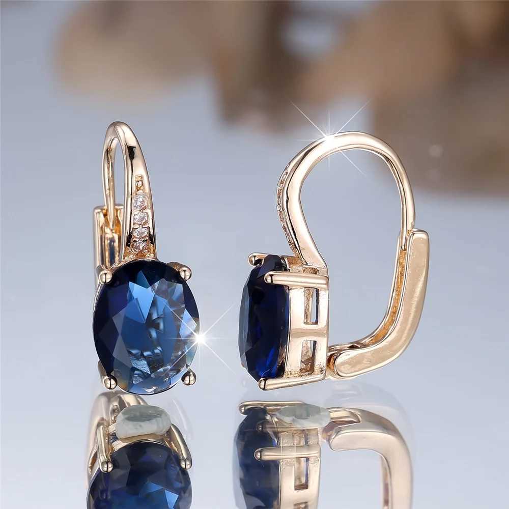 Trendy Crystal Blue Zircon Oval Stone Hoop Earrings For Women Vintage Gold Color Wedding Jewelry Y250510
