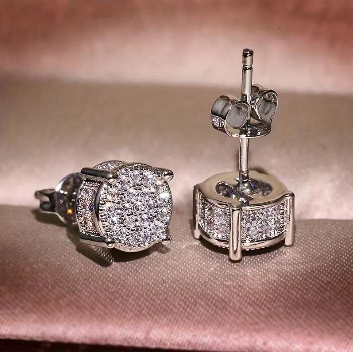 Full Diamond Hip Hop Mens Stud Earrings Zircon Micro Inlaid Electroplated Round Silver Earrings