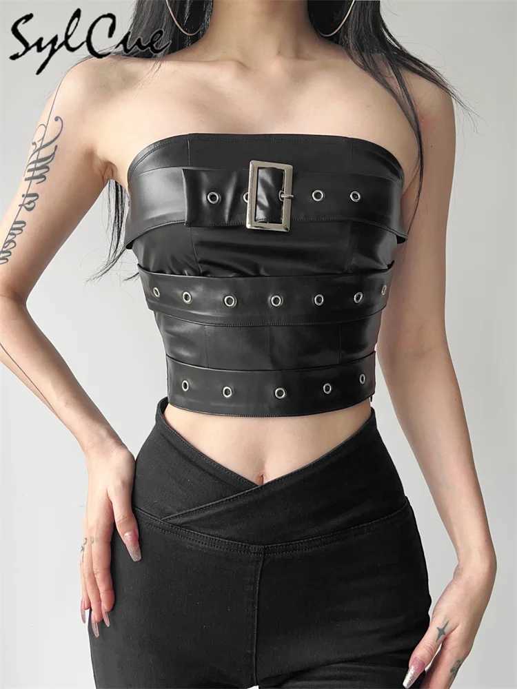 Sylcue Classic Retro Matte Black Mysterious Sexy All-Match Personality Fashionable Summer Travel Cool Women Belt Chest Wrap Vest M250513