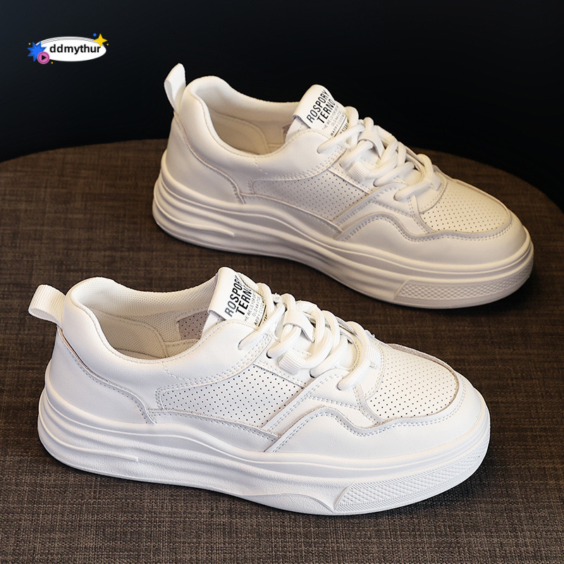 Real leather white shoes for women 2025 new summer mesh breathable board shoes, paired thin skirts, versatile with one foot pedaling ddmythur