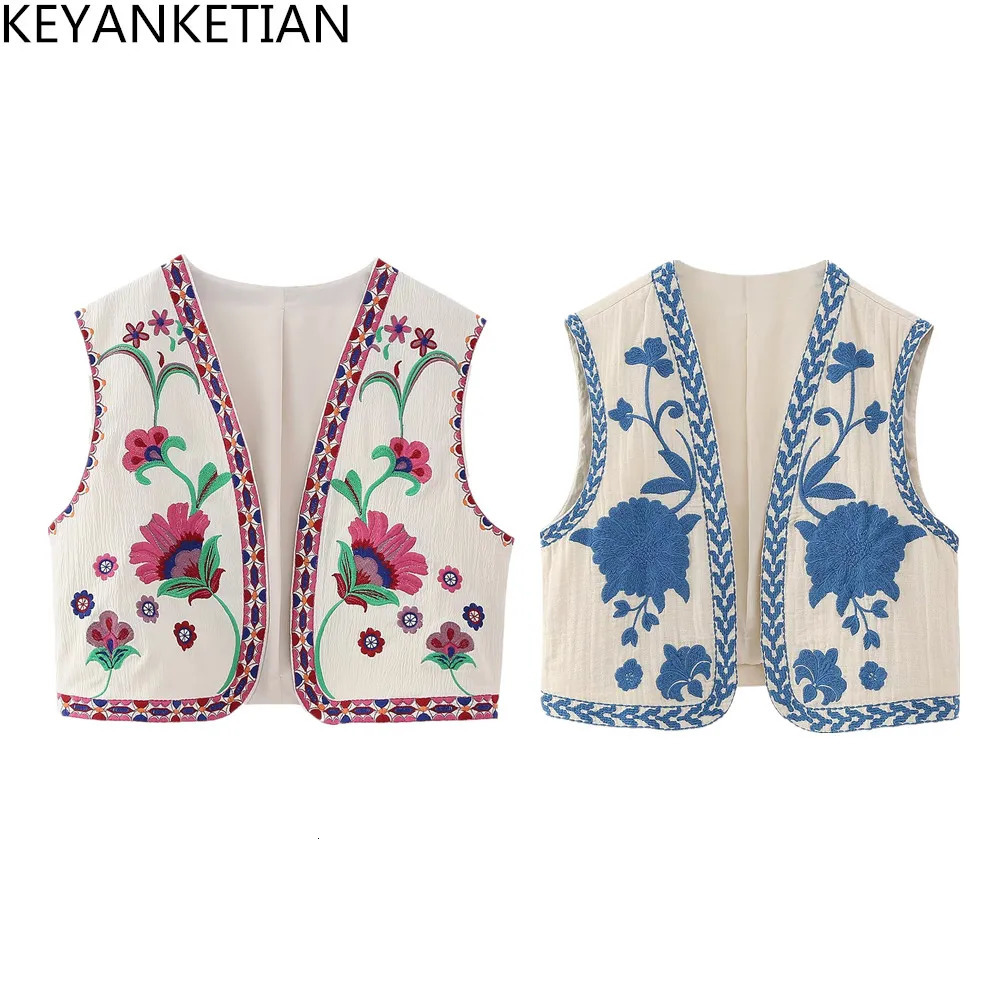 Womens Vintage Floral Embroidered Open WaistCoat Ladies National Style Vest Jacket Outfits Casual Vacation Crop Top 250506