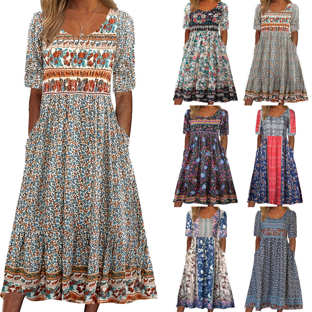 Women Clothes Dress Summer New Round Neck Short Sleeve Long Bohemian Printed Dress Women S KQ
