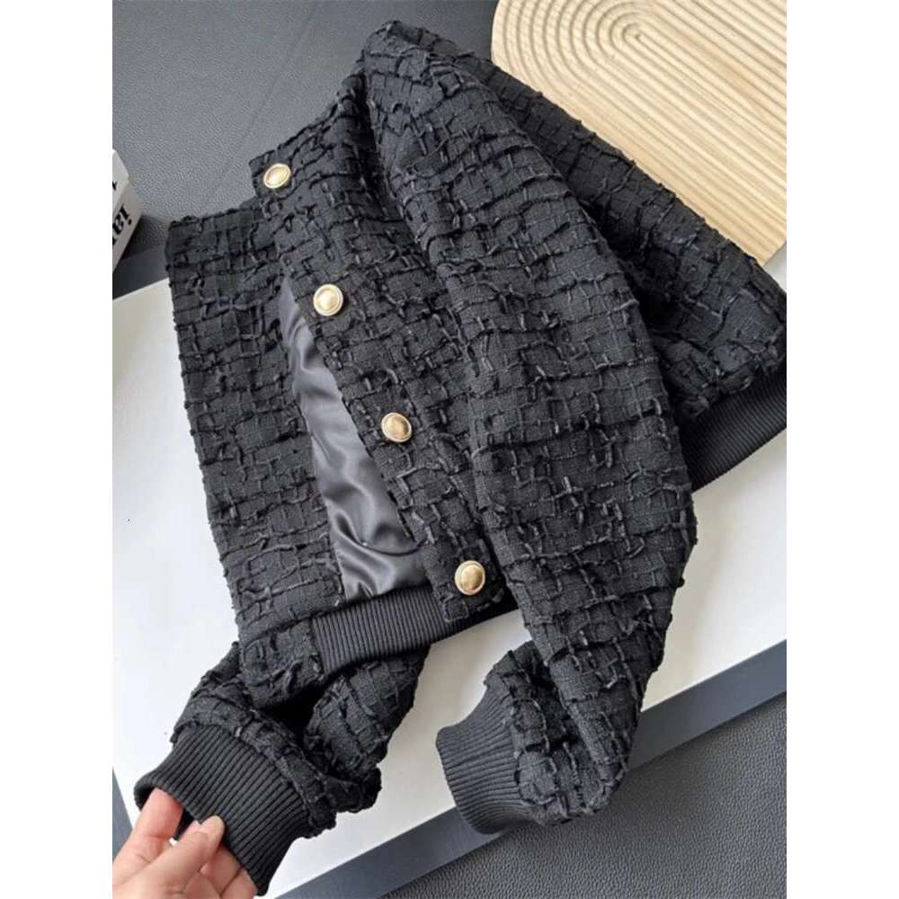 Woman's Textured Short Crew Neck Long Sleeves Cropped Bomber Jacket Coat Single-breasted New Female Chic Outerwear