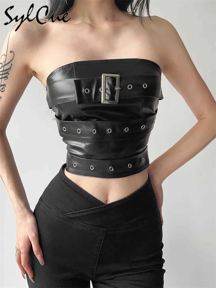 Sylcue Classic Retro Matte Black Mysterious Sexy All-Match Personality Fashionable Summer Travel Cool Women Belt Chest Wrap Vest M250513