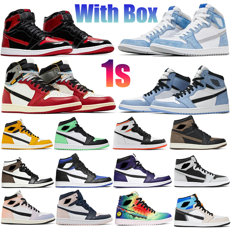 with box 1 Basketball Shoes 1s University Blue High Mid Smoke Grey Torch Hare Game Royal Pine Green Court Mocha men Women Sports Sneakers EUR36-46