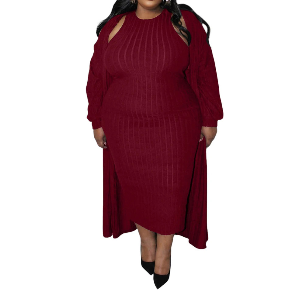 Womens long sleeved cardigan vest dress autumn and winter plus ultrathin womens tight fitting 2piece set 3XL 4XL 5XL 250506