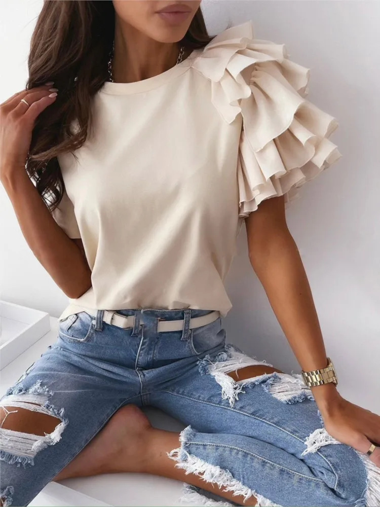 Summer Simple Fashion Womens Tshirt Ruffled Shortsleeved O Neck Elegant Casual Top T Shirts Tshirts Women Clothes 250513
