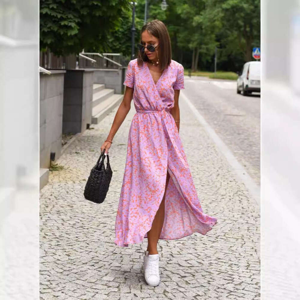 Women Clothes Dress Printed Dress Summer V Neck Split Mid Length Group Women S Clothing KQ