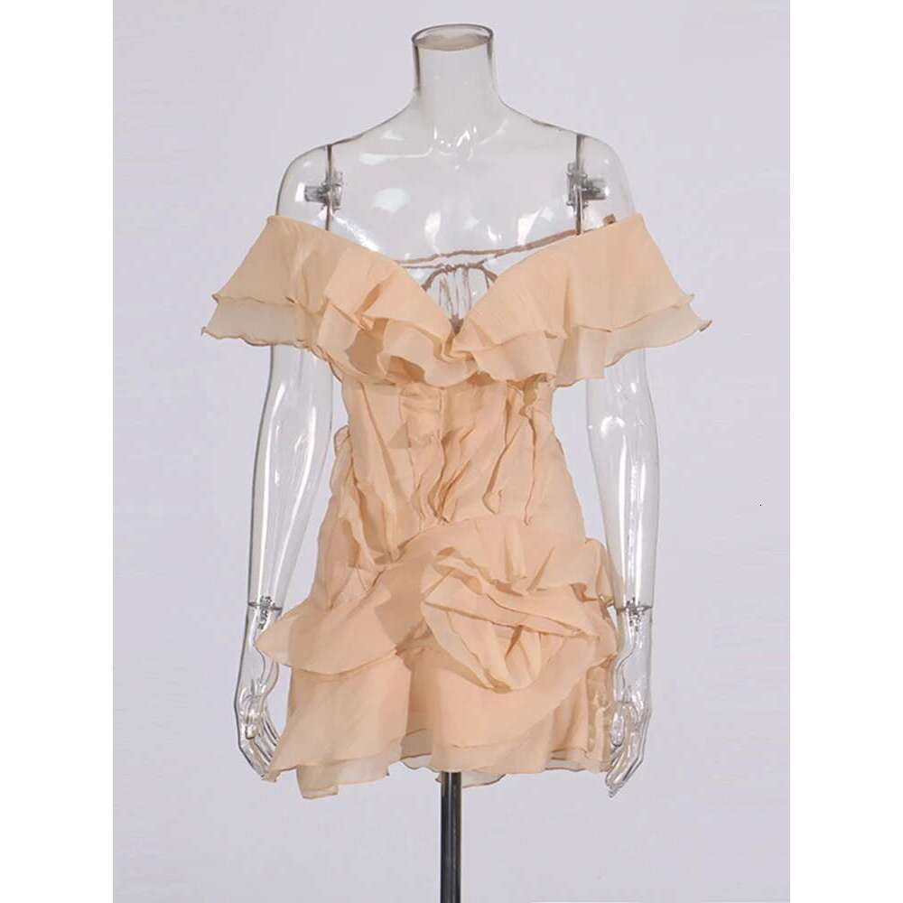 TWOTWINSTYLE Elegant Spliced Ruffles Mini Dress For Women Slash Neck Off The Shoulder Sleeve High Waist Chic Dresses Female New