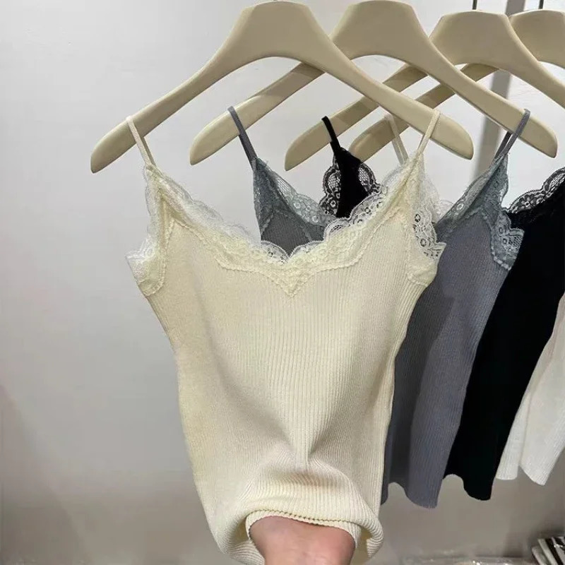 Lace Tank Top Women Cropped Cute Camis Sexy White Tops Female Korean Sleeveless Black Vest Summer Y2k Clothes 250513