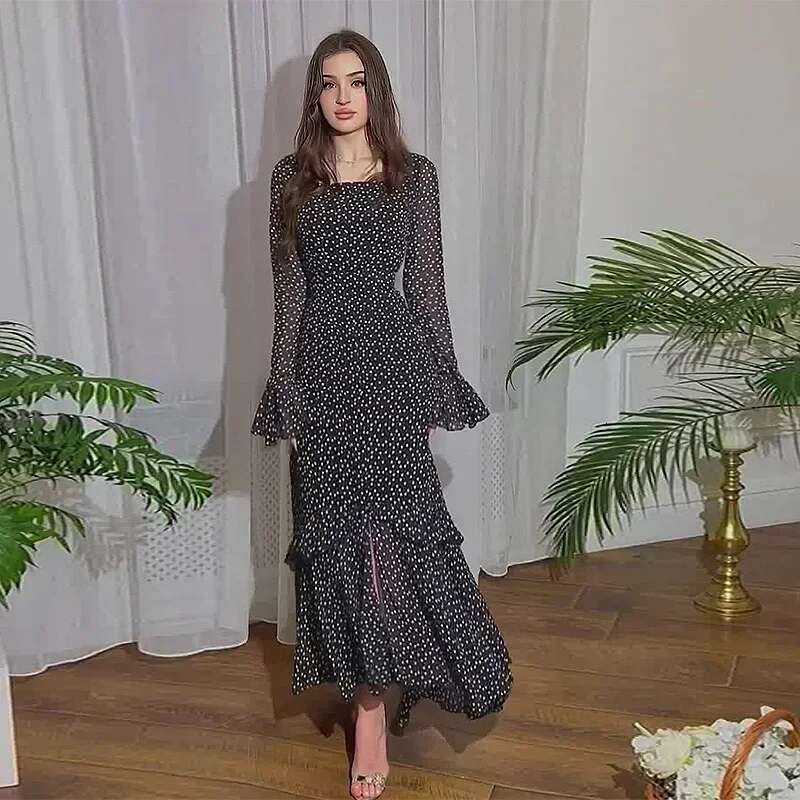 Eid Muslim Party Women Polka Dot Ramadan Chiffon Long Dress Belt Morocco Kaftan Vestidos Largos Dubai Robe Jalabiya