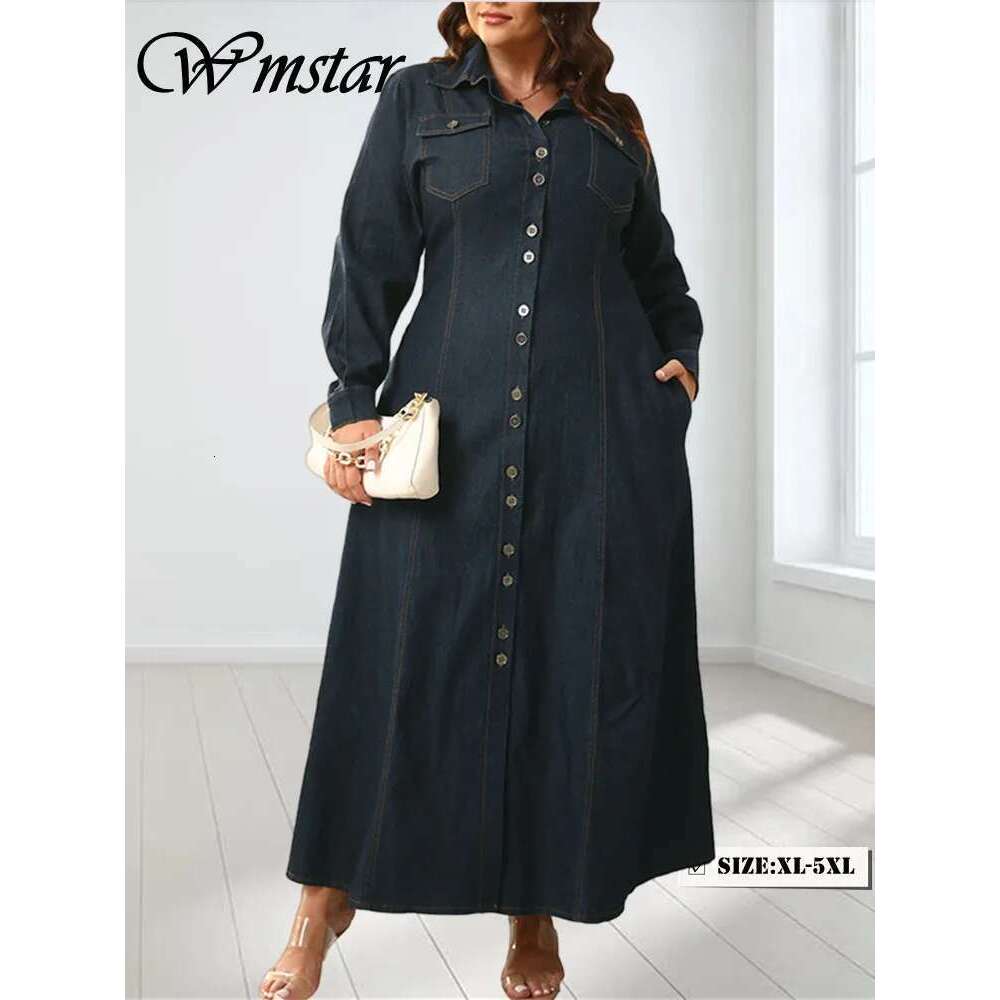 Wmstar Plus Size Dresses for Women Denim Button Solid Long Fashion Elegant Maxi Dress Fall Winter Clothes Wholesale Dropshipping