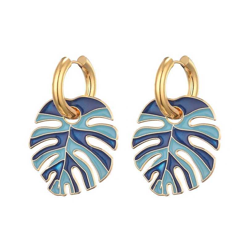 Hot Colorful Big Leaf Pendant Gold Color Stainless Steel Earrings For Women Jewelry Vintage Statement Enamel Round Hoop Earrings Y250510
