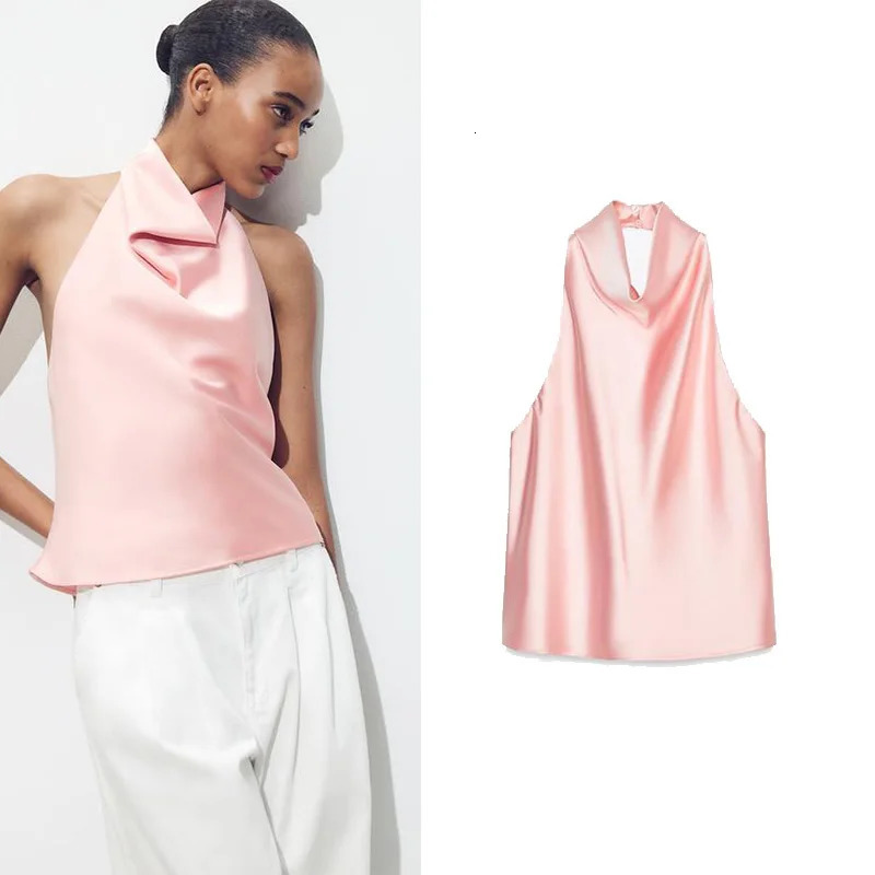 TRAF Satin Halter Top for Women Spring Sexy Hanging Neck Backless Womens Camisole High Street Waistcoat Female Chic Tops 250513