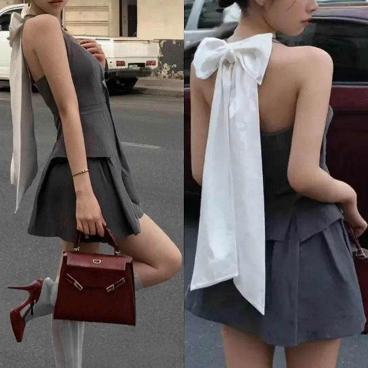 French Elegant 2piece Ski Set Womens Sexy Backless Sleeveless Y2k Crop Top Casual Slimming Wrinkled Skiing 2024 Summer 250506