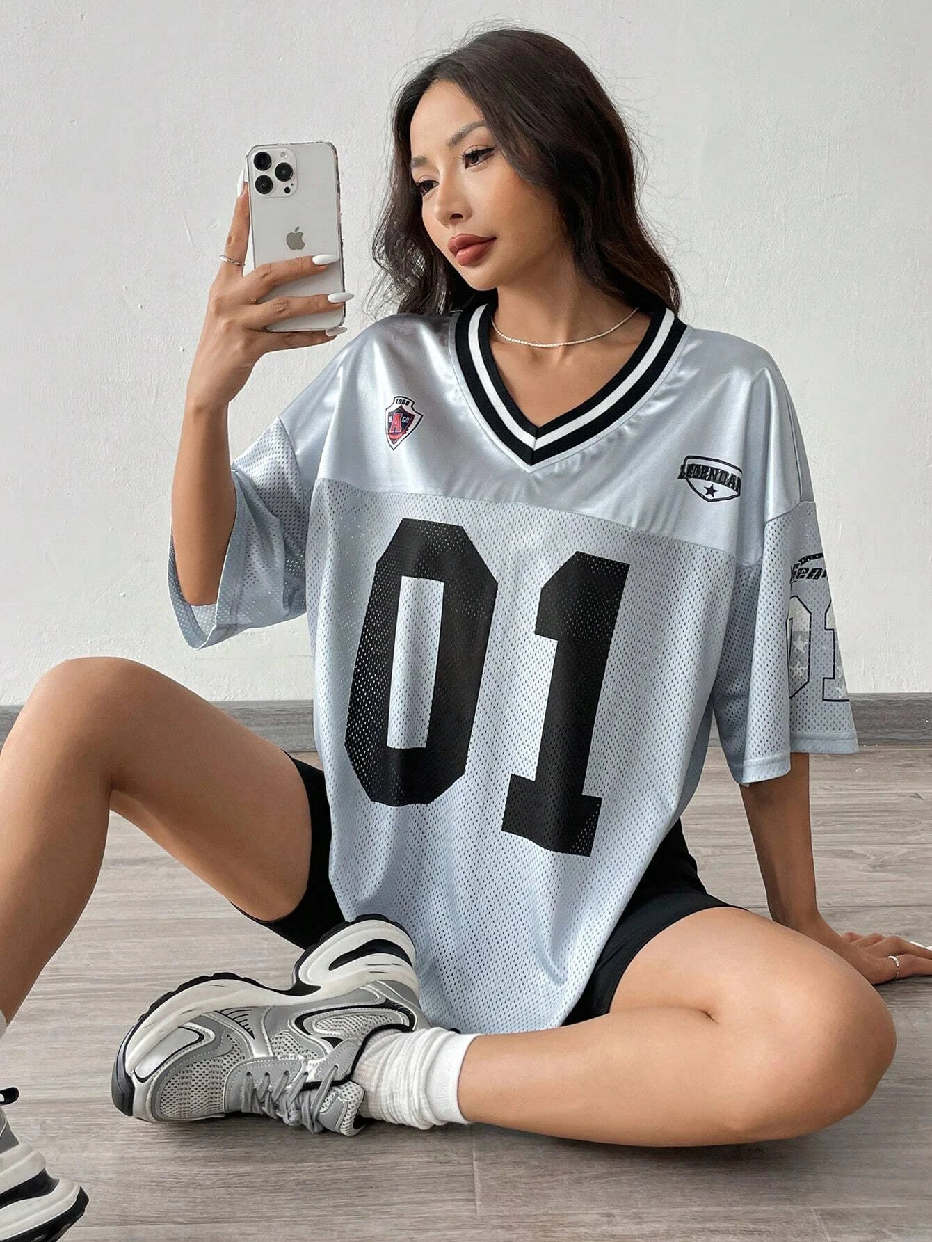 American Sports Fashion VNeck TShirt Street Y2K HipHop Jersey Womens Loose Breathable Quick Drying Casual Versatile Top 250513