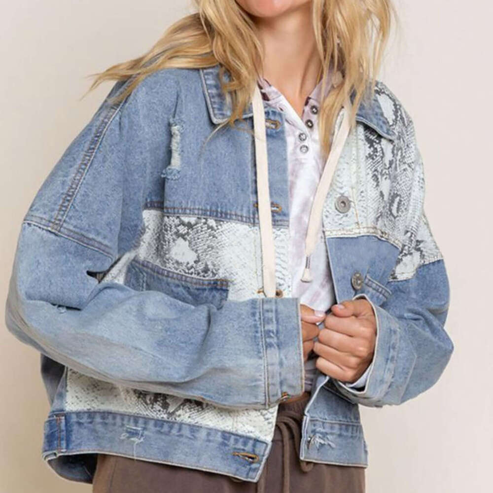 European and American leopard fashion print splicing hole denim top casual jacket 2025 temperament versatile new trend clothing ins