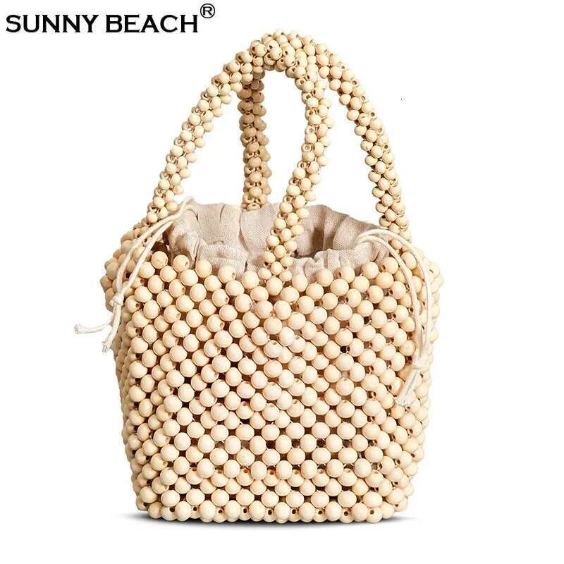 Designer Bag 2025 Vintage Women Japanese Fashion Wood Beads Bucket Tote Beige Wooden Beaded Ladies Designer Handbag Luxury Bag