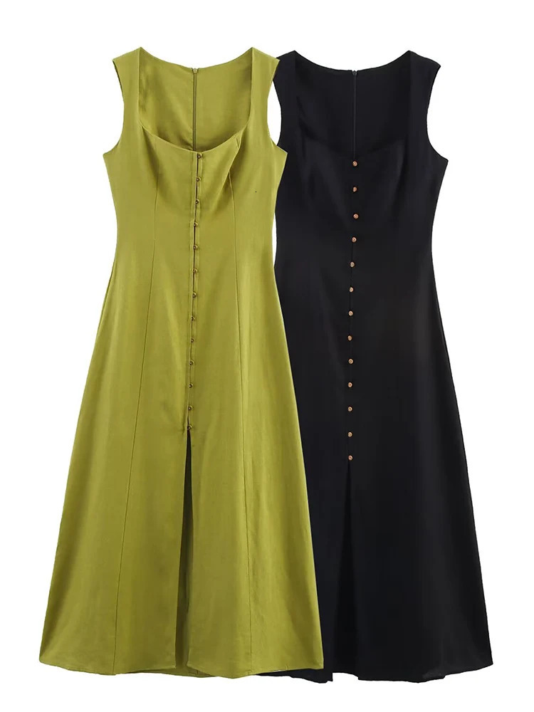 TFMLN Womens Aline Long Dress Elegant Square Neck Sleeveless Wide Sling Maxi Dresses Summer Lady Commute Button 250513