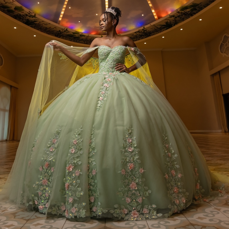 Sage Green Shiny Quinceanera Dresses Off Shoulder Ball Gown Sweet 16 Dress Beading Applique Flower Tull Birthday Party Vestidos 15 Anos