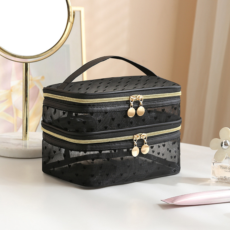 F246M Mesh flocking love cosmetic bag portable large capacity high value portable storage bag travel toiletries bag