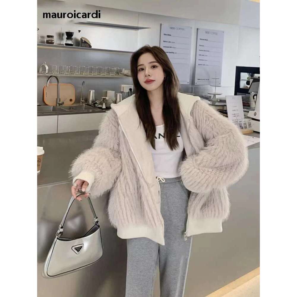 Mauroicardi Spring Winter Hairy Shaggy Soft Thick Warm Faux Fur Coat Women with Hood Fluffy Jacket Fake 2 Piece Clothes