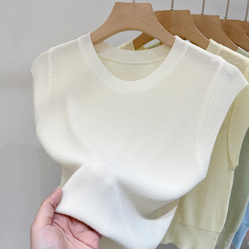 Korea Knitted Vests Women Top Solid Tank Blusas Mujer De Moda Summer Fashion Female Sleeveless Casual Thin Tops 250513