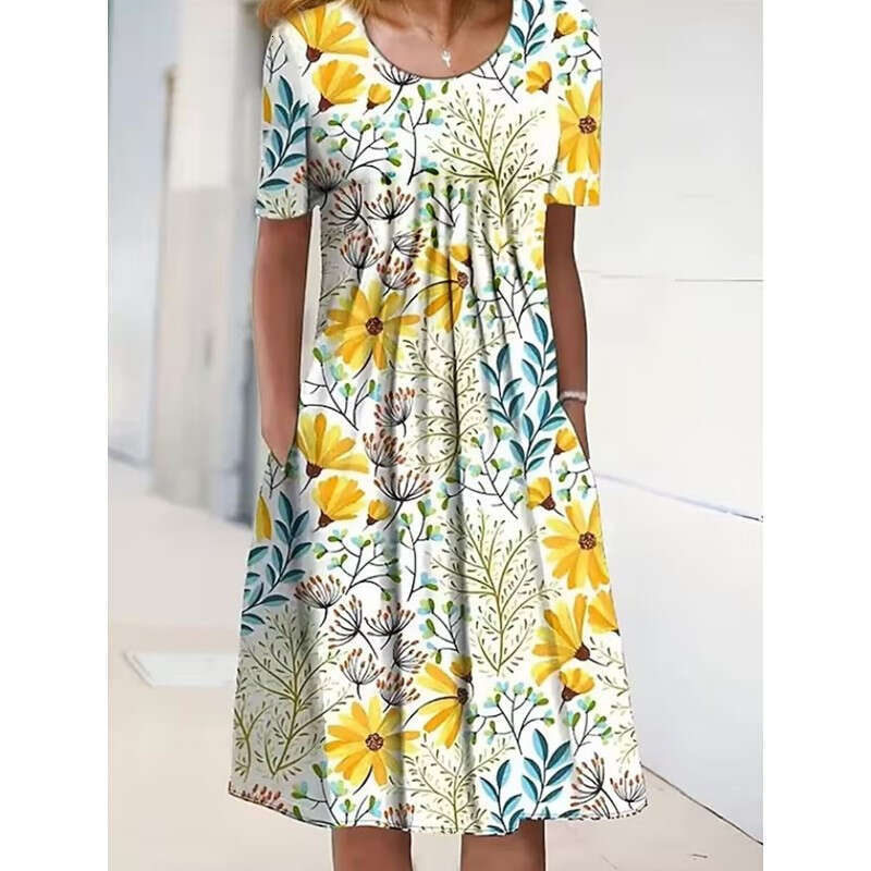 Women Clothes Dress Spring Summer Flower Printed Round Neck Pocket Mid Length Dress For Women KQ