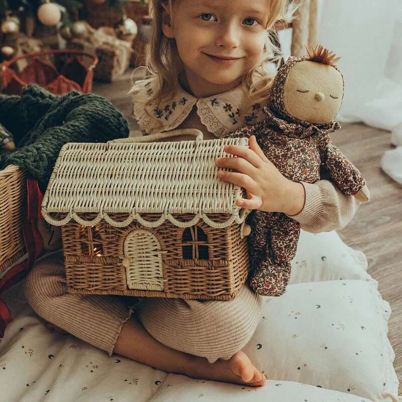 Funny House Rattan Wicker Woven Handbag Straw Knitted Box For Women 2025 Handmade Travel Beach Bags Square Basket Bag