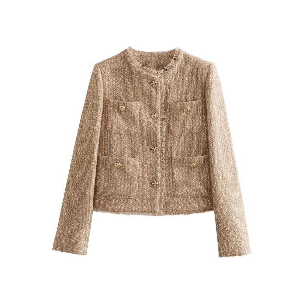 TRAF Women's Coat Tweed Cropped Jacket New In Outerwears Autumn Winter Crop Jacket Woman Long Sleeve Elegant Short Coats