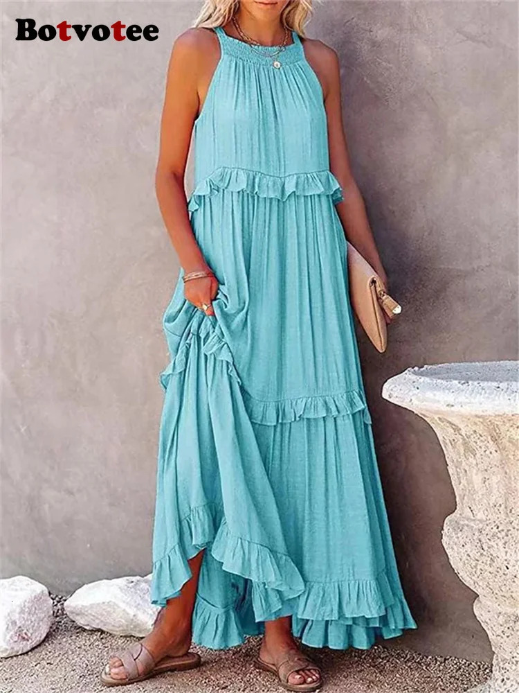 Botvotee Summer Maxi Ruffle Dresses for Women Elegant Female Holidays Beach Long Dress Party Sleeveless Loose White Purple 250513