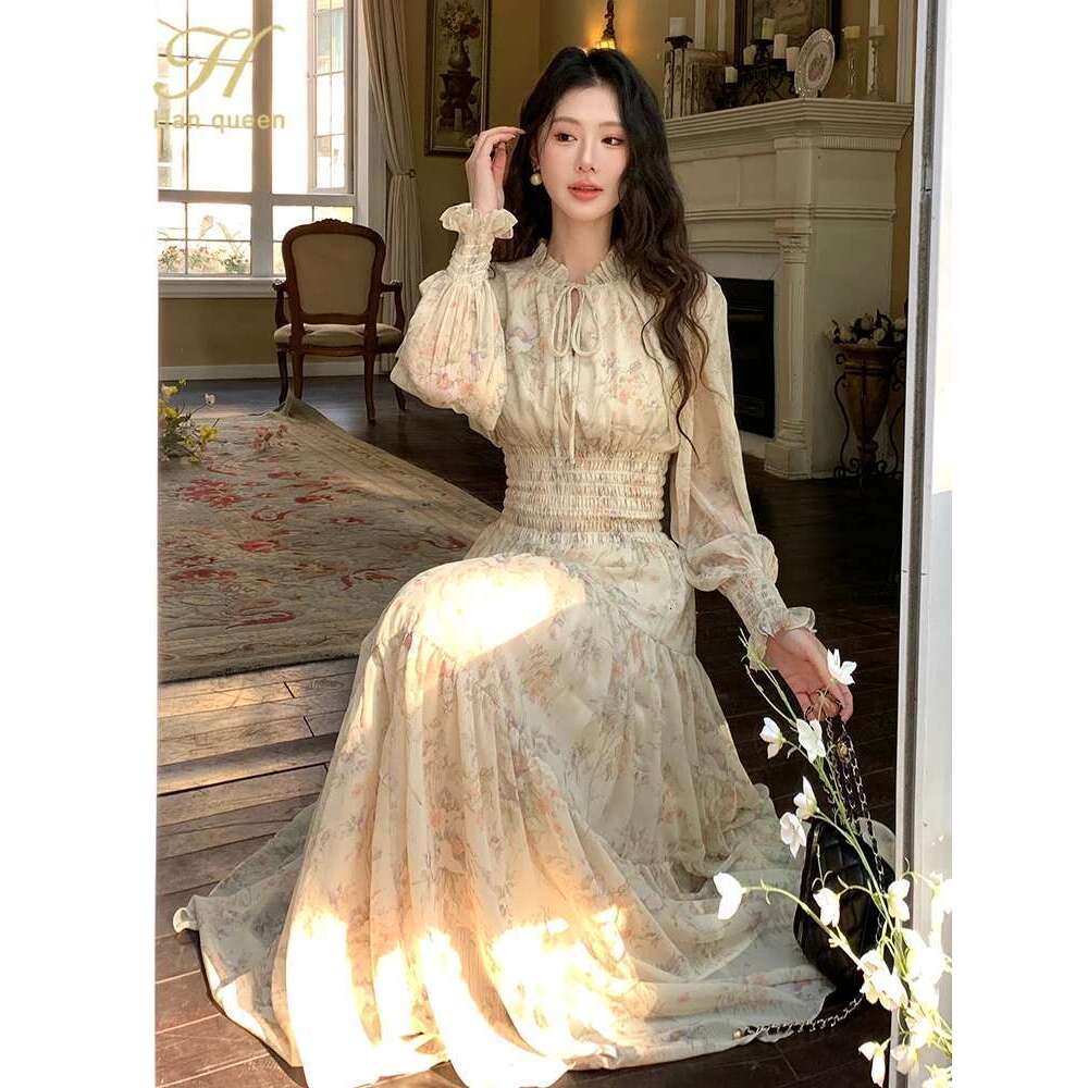 Long Sleeve Casual Beach Holiday Wrap Waist Spring Summer Women's Bohemian Chiffon Printed Dress